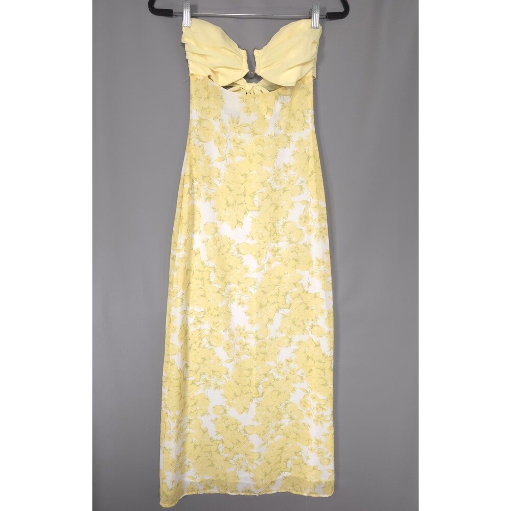 PEPPERMAYO Women’s New Maxi Dress 2 Yellow Floral Tie Bow Back Strapless